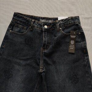 Cali 1850 Rhinestone Rose Wide Leg Jeans Women’s Size 3/26 Black Wash Y2K